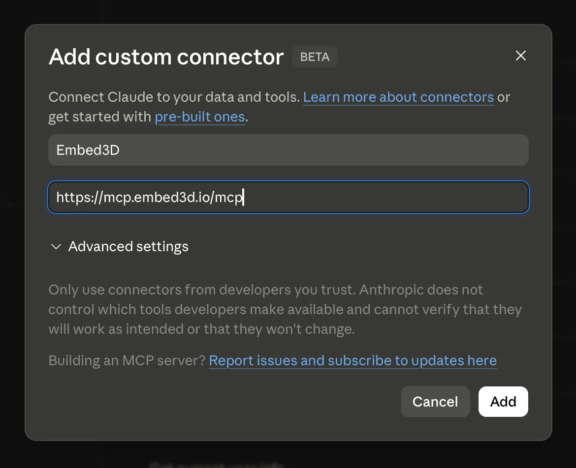 Add custom connector dialog with the name Embed3D and the MCP server URL filled in